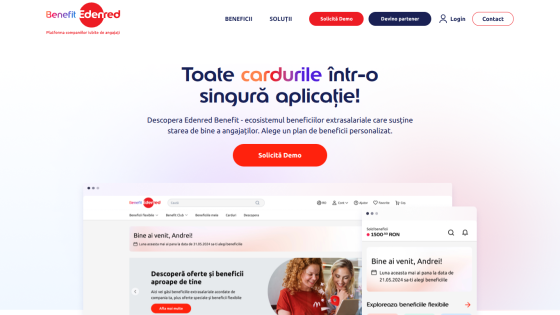 Edenred Benefit platform homepage with headline about all cards in one app, demo request button, and screenshots of the app interface