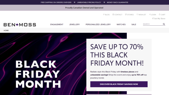 Ben Moss jewelry website promoting Black Friday month sale with up to 70% off and a call to action button