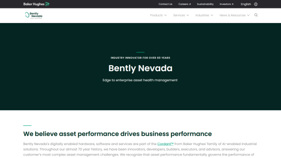 Bently Nevada homepage with tagline 'Edge to enterprise asset health management' and introductory text about asset performance