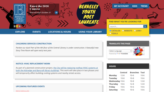 Berkeley Public Library homepage with contest announcement, navigation menu, search box, and library hours