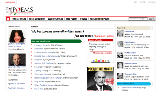 Best Poems Encyclopedia homepage featuring top poems, quotes, poets, and poet of the month.