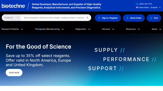 Biotechne homepage featuring a promotional message about reagents and key service areas.
