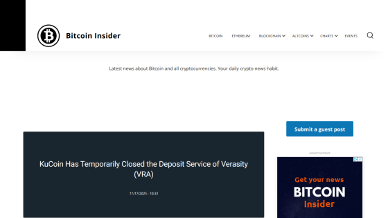 Bitcoin Insider website showing latest crypto news headline about KuCoin deposit service closure and navigation menu