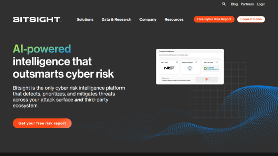 Homepage of Bitsight showcasing AI-powered cyber risk intelligence with a call to action for a free report.