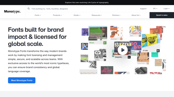 Monotype homepage with headline about fonts for brand impact and global scale, plus a call-to-action button and font visuals