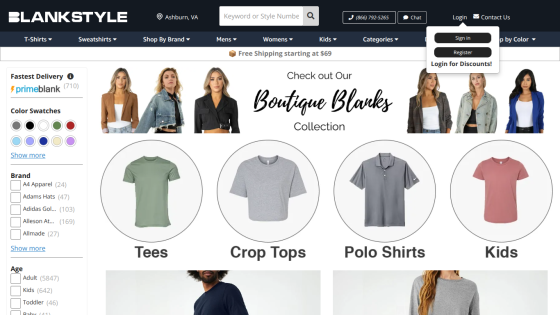 Boutique Blanks collection featuring various t-shirt styles and colors.