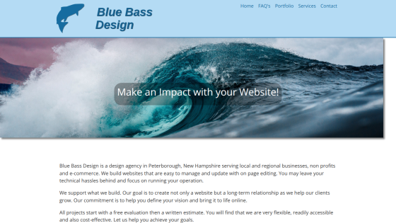 Blue Bass Design website header with navigation and hero image featuring a wave and text 'Make an Impact with your Website!'