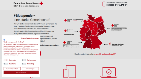 German Red Cross donation page with a map of Germany showing donation statistics and a donation form