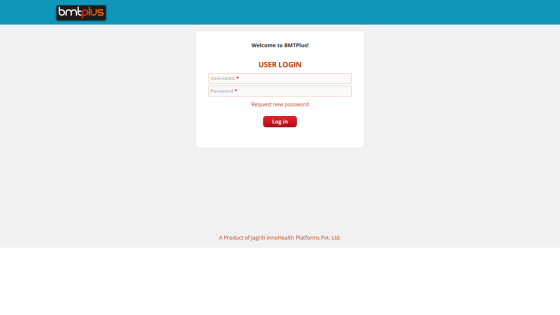 BMTPlus user login page with fields for username and password and a log in button