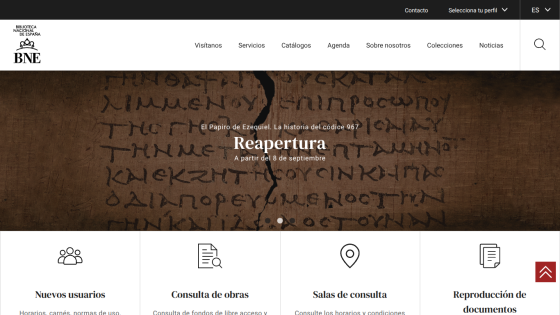 Homepage of BNE featuring the word 'Reapertura' and navigation options.