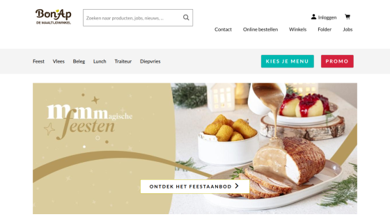 BonAp website header with search, navigation, and festive food promotion with button to discover offers