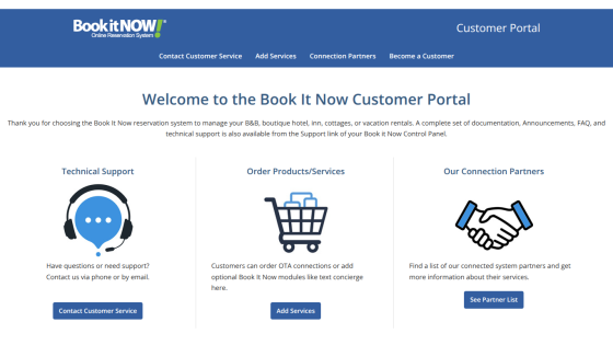 Book It Now Customer Portal welcome page with options for technical support, ordering services, and connection partners