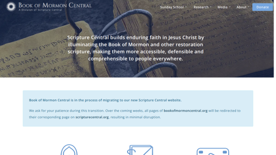 Book of Mormon Central website header with navigation and a message about migrating to Scripture Central