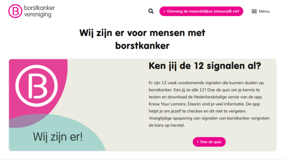 Breast cancer support site with quiz invitation about 12 common signals and app download info