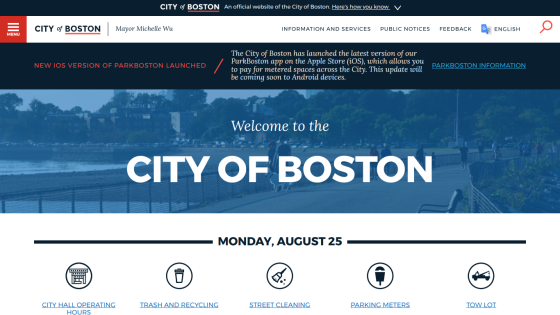 Welcome message for the City of Boston with date and service links.