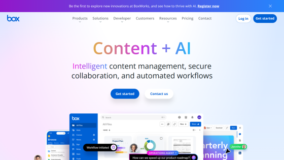 Box homepage featuring 'Content + AI' with call-to-action buttons.