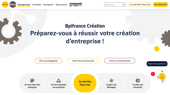BpiFrance Création website promoting business creation support with key services displayed.