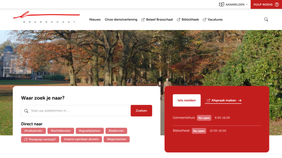 Municipality website with search bar, quick links, and opening hours over a park background