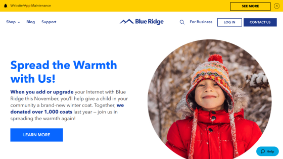 Blue Ridge campaign encouraging internet customers to donate winter coats to children, with a smiling child in a red coat