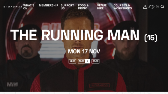 Broadway website showing event The Running Man on Mon 17 Nov with multiple showtimes