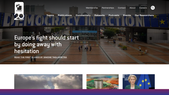 Homepage featuring a banner on democracy and a headline about Europe's fight against hesitation.
