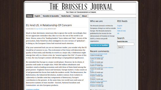 The Brussels Journal homepage with article titled 'EU And US: A Relationship Of Concern' and navigation menu
