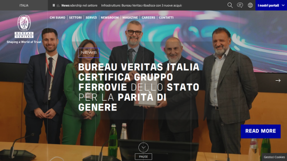Bureau Veritas Italia certifies Gruppo Ferrovie dello Stato for gender equality with a group photo and navigation menu