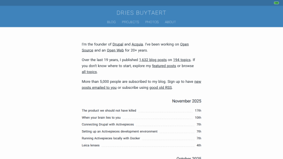 Dries Buytaert blog homepage with navigation links and recent blog post listings for November and October 2025