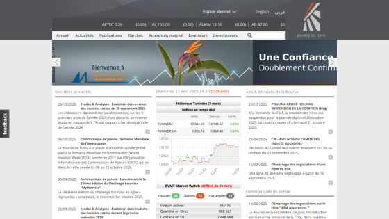 Bourse de Tunis homepage showing market indices, news updates, and welcome message for Maghrebia Vie