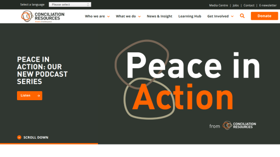Conciliation Resources website promoting new podcast series Peace in Action with navigation and donate button