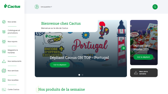 Homepage of Cactus website featuring navigation menu, welcome message, promotional flyers for Portugal and Saint-Nicolas 2025, and weekly products section
