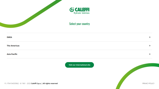 Caleffi Systems Solutions homepage with country selection options and navigation menu