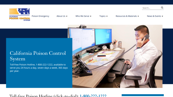 California Poison Control System homepage with toll-free poison hotline and image of professional on phone at desk