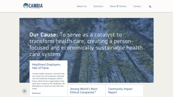 Cambia Health Solutions homepage with mission statement and recognitions including Healthiest Employers Hall of Fame