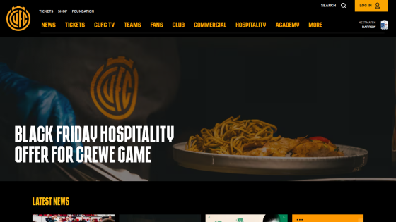 Football club website promoting Black Friday hospitality offer for Crewe game with navigation menu and latest news section
