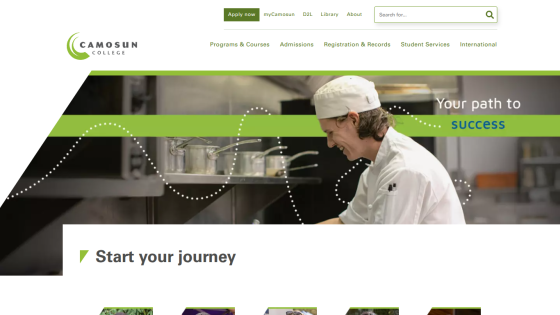 Camosun College website homepage with navigation menu and a chef in the hero section promoting success