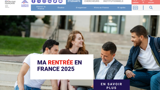 Website header with navigation and a hero section promoting 'Ma rentrée en France 2025'.