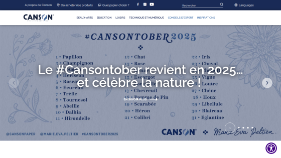 Canson website promoting #Cansontober2025 event celebrating nature with a list of themed words and navigation menu