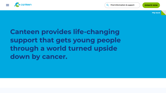 Canteen provides life-changing support for young people affected by cancer, with navigation and donate button visible