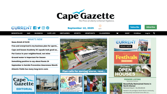 Cape Gazette homepage featuring news headlines and upcoming events.
