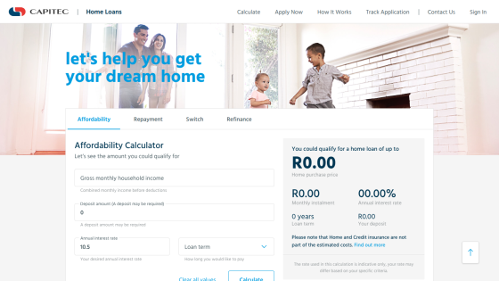 Home Loans page with affordability calculator and headline 'let's help you get your dream home'