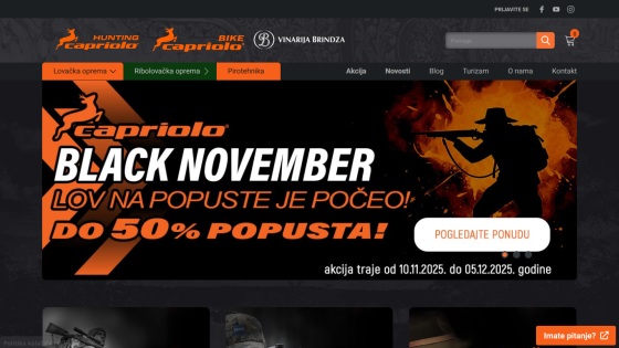 Capriolo hunting and biking gear website with Black November sale up to 50% off from Nov 10 to Dec 5, 2025