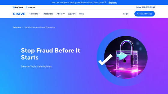 Cisive website hero with headline Stop Fraud Before It Starts and a glowing lock image on a blue-purple gradient background
