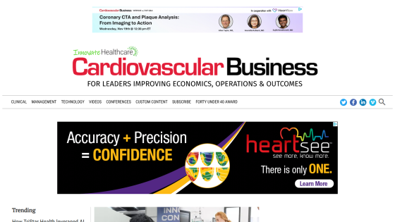 Cardiovascular Business website header with navigation and a hero ad about Cardiac PET imaging