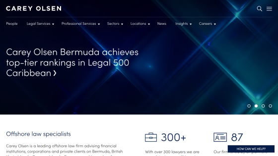 Carey Olsen law firm homepage highlighting top-tier Legal 500 Caribbean ranking and offshore law expertise