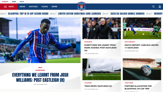 Carlisle United FC homepage with news articles on recent matches and interviews, dated 15th November 2025