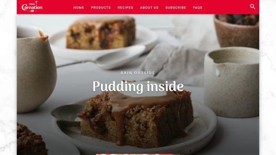 Nestlé Carnation website with navigation and a hero section featuring pudding with caramel sauce