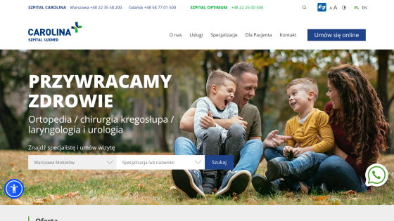 Healthcare website offering orthopedics, spine surgery, laryngology, and urology with appointment search and family image
