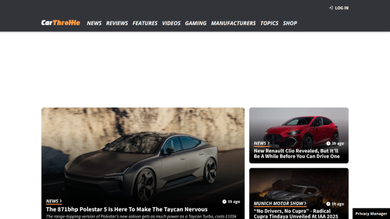 CarThrottle homepage featuring articles on news, reviews, and vehicles.