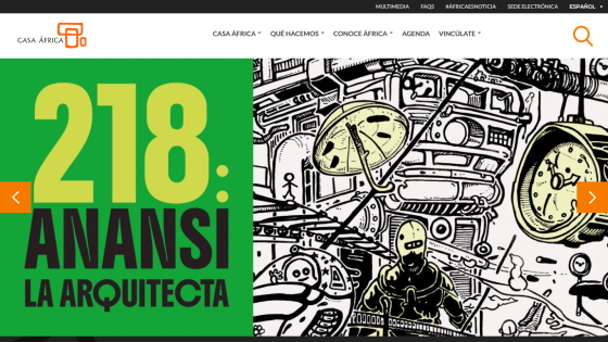 Casa África website with navigation menu and a featured section titled '218: Anansi La Arquitecta' with an illustrated background